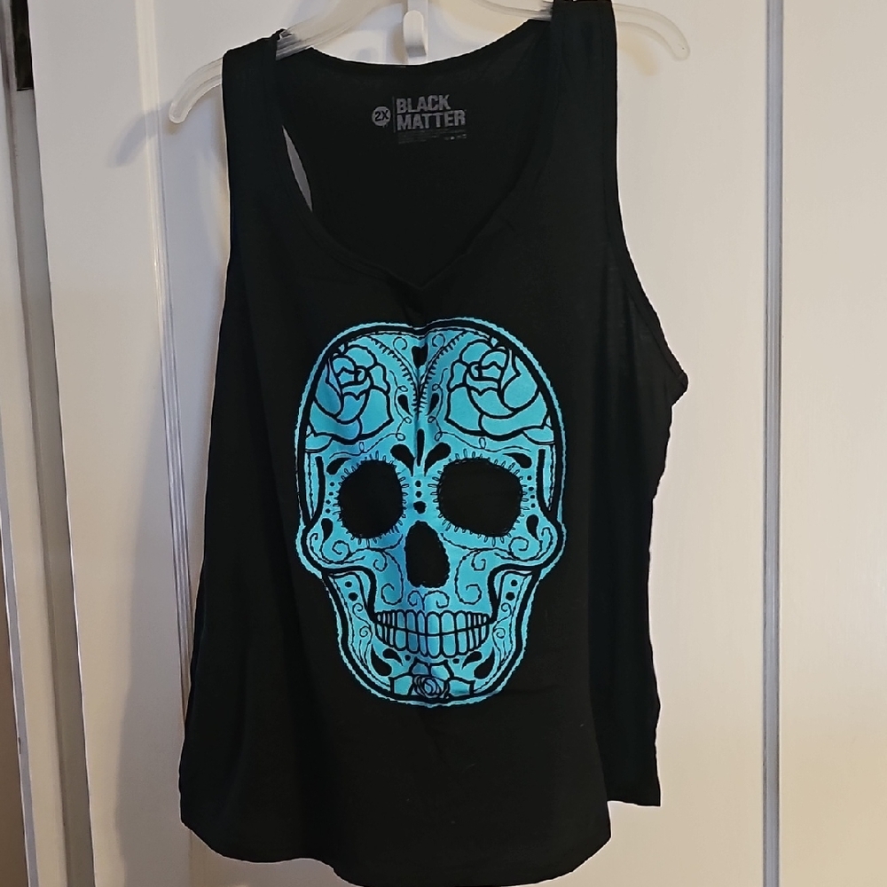 Black Matter Women's Black Tank Top with Blue Skull Design